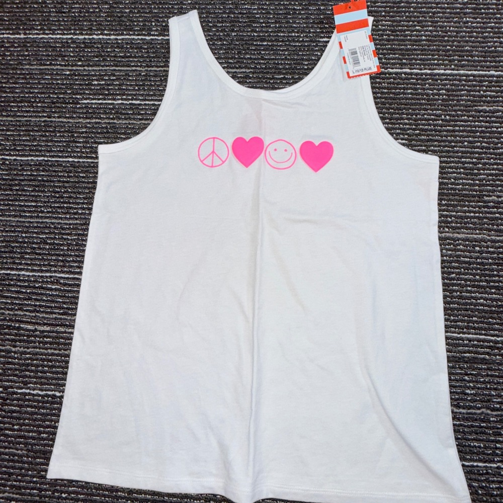 Cat & Jack Tank Top Kids L 10/12 Plus New White Peace Love Smiley Graphic